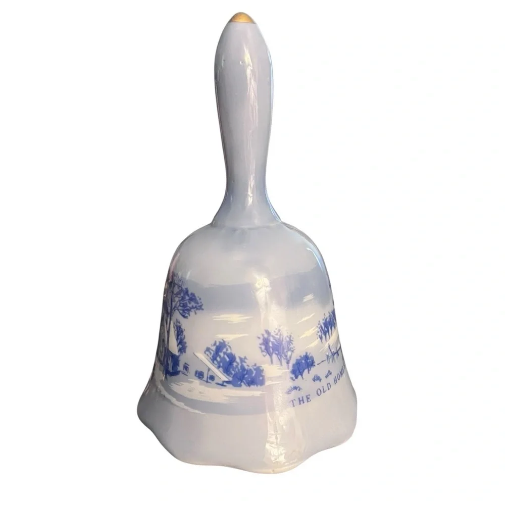 CURRIER & IVES Blue White Vintage Porcelain Bell The Old Homestead In Winter 5.5
